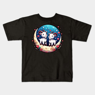 Valentine Goats Lovers Couple on Moon Kids T-Shirt